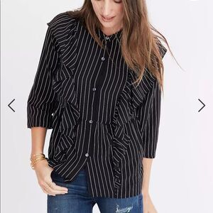 Madewelll Silk Ruffle-Front Top Black Pinstripe Size Medium